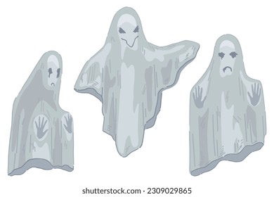 Ghosts set, scary phantom monsters doodles. Halloween vector illustration in cartoon style. Dark theme cliparts collection isolated on white.