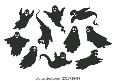 Ghosts silhouettes. Halloween spooky flying mysterious phantoms, ghosted night shadows. Scary ghosts flat vector illustrations set