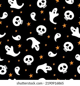 Ghosts and skull seamless pattern, on black background for Halloween.