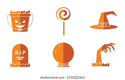 Ghosts, skulls, and candy Halloween pattern in orange, Vector