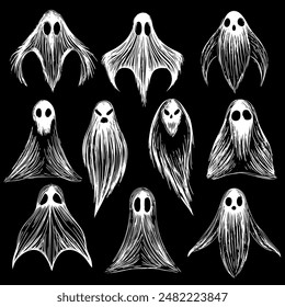 Ghosts with skulls on their faces on black background