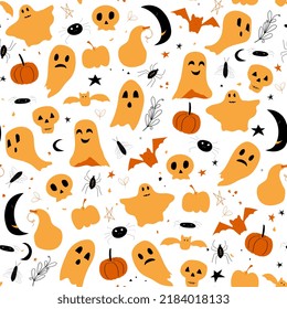 ghosts and skulls seamless pattern. Cute background for Halloween and witchcraft