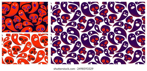 Fantasmas y calaveras sin patrón textil conjunto, textura sin fin con horror divertido tema de dibujos animados de Halloween, fondo de Fondo de pantalla espíritus espeluznantes y sculls con caras de miedo.