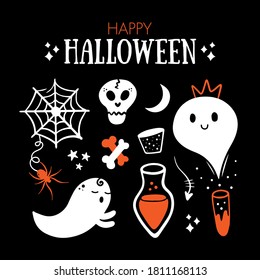 Ghosts, spider web with little spider, potion, bones and skull icons. Set, collection of hand drawn vector icons for Halloween design.