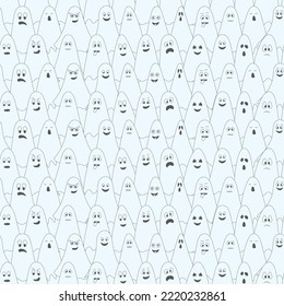 Ghosts. Spirit blue. Ghosts with different grimaces. Seamless vector pattern. Endless Halloween background. Doodle style. Blue linen suit. Idea for web design. All Saints' Day.