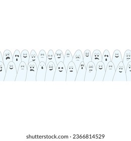 Ghosts. Spirit blue. Ghosts with different grimaces. Seamless horizontal border. Repeating vector pattern. Cartoon style. Blue linen suit. Idea for web design. All Saints' Day.