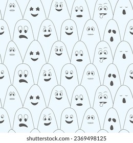 Ghosts. Spirit blue. Ghosts with different grimaces. Seamless vector pattern. Endless Halloween background. Doodle style. Blue linen suit. Idea for web design. All Saints' Day.