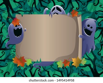 Ghosts spirit holding blank paper Autumn tree scene.Halloween background. ghost sheet halloween character design. Isolated vector illustration.