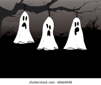 Ghosts strung up to a tree branch