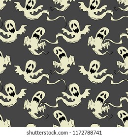 Ghosts vector Halloween seamless pattern. Design background for party poster. Hand drawn cartoon illustration. Objects isolated over grey.
