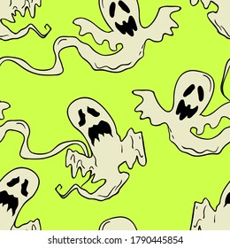Ghosts vector Halloween seamless pattern. Design background for party poster. Hand drawn cartoon illustration. Objects isolated over acid green.