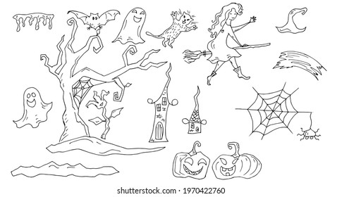 Ghosts, witch, pumpkins, houses, tree, spider with cobwebs, cat. Vector linear illustration for Halloween.