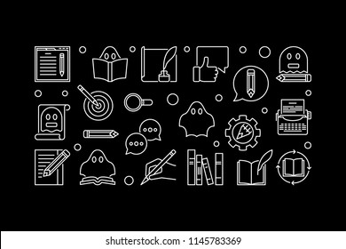 Ghostwriter horizontal outline illustration. Vector banner made with ghostwriting thin line icons on dark background