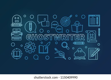 Ghostwriter vector blue horizontal banner or illustration made with ghostwriting outline icons on dark background