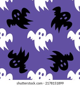 Ghosty scary pattern, colorful Halloween print. Autumn wallpaper or party background with ghosts - for fabric, for textiles, for wrapping paper. Halloween seamless pattern with scary funny ghosts.