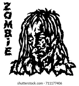 Ghoul zombie woman face. Vector illustration. Black and white colors. The genre of horror. Scary female character.