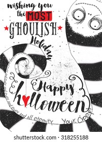 Ghoulish Halloween Gruß - Poster mit einem aufwärts gerichteten Kragen in einem riesigen gestreiften Hut. handgezeichnet und handgezeichnet, schwarz-weißes Bild mit Vintage-Typografie