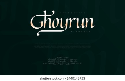 Ghoyrun premium luxury arabic alphabet letters and numbers. Elegant islamic typography ramadan wedding serif font decorative vintage. Creative vector illustration