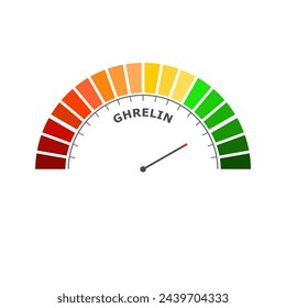 Ghrelin good level on measure scale. Instrument scale with arrow. Colorful infographic element. The hunger hormone, also known as lenomorelin, a peptide hormone produced in the gastrointestinal tract