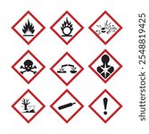 GHS hazard pictograms vector. Labelling of Chemicals. Explosive, Flammable, Oxidizing, Compressed Gas, Corrosive, Toxic, Harmful, Health hazard and Environmental hazard.