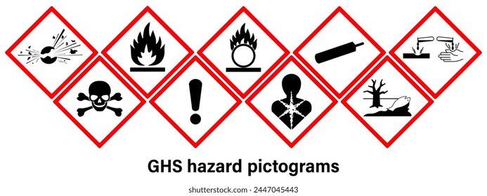 GHS hazard pictograms vector. Labelling of Chemicals. Explosive, Flammable, Oxidizing, Compressed Gas, Corrosive, Toxic, Harmful, Health hazard and Environmental hazard.