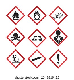 VECTOR de pictogramas de peligro GHS. Etiquetado de productos químicos. Explosivo, inflamable, oxidante, gas comprimido, corrosivo, tóxico, dañino, peligro para la salud y peligro ambiental.