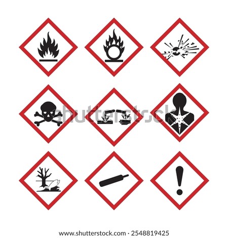 GHS hazard pictograms vector. Labelling of Chemicals. Explosive, Flammable, Oxidizing, Compressed Gas, Corrosive, Toxic, Harmful, Health hazard and Environmental hazard.