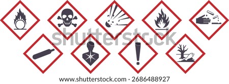GHS Hazard Warning Symbols Icon Set – Safety Labels, Chemical Signs, and Danger Alert Design