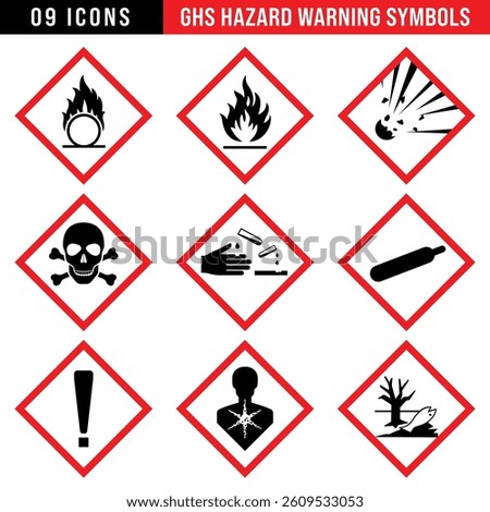 GHS hazard warning symbols set, chemical safety icons, toxic, flammable, corrosive, environmental hazard, explosion risk, gas cylinder, health hazard, exclamation mark, industrial safety pictograms