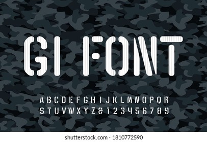 Tipo de letra del alfabeto GI. Letras de tipo y números con rayas en el fondo de la cámara. Tipografía vectorial para su diseño.