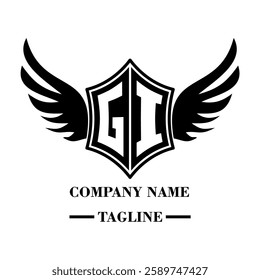 GI A bold winged shield emblem with customizable initials A-Z. Sleek black-and-white vector, perfect for branding, sports teams, motorcycle clubs, gaming,apparel and High-quality
