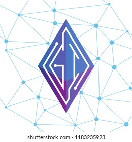GI Initial letter block chain logo icon vector template. Looping mono line circuit letter on rhombus cube logo