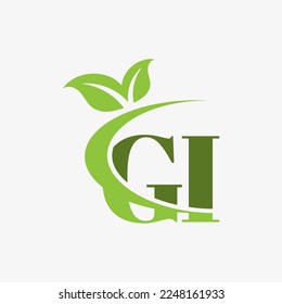 GI Letter Logo with swoosh leaves icon vector.