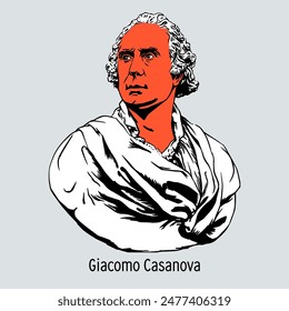 Giacomo Casanova is a famous Italian adventurer, traveler and writer, author of a detailed autobiography, “The Story of My Life.” Hand drawn vector illustration