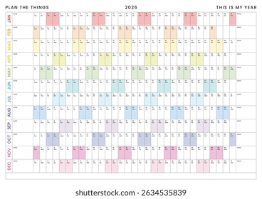 Giant 2026 Wall Calendar, Annual Planner, Horizontal and Rainbow, Wall organiser, One page. Set of 12 months. Size A1, A2, A3, A4