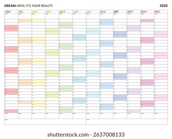 Giant 2026 Wall Calendar, Annual Planner, Horizontal and Rainbow, Wall organiser, One page. Set of 12 months. Size A1, A2, A3, A4, 30 to 40 inches