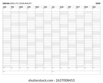 Giant 2026 Wall Calendar, Annual Planner, Horizontal, Wall organiser, One page. Set of 12 months. Size A1, A2, A3, A4, 30 to 40 inches, Black and white, Grey 
