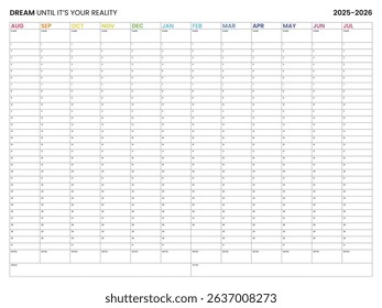 Giant 2026 Wall Calendar, August start, Annual Planner, Horizontal and Rainbow, Wall organiser, One page. Set of 12 months. Size A1, A2, A3, A4, 30 to 40 inches