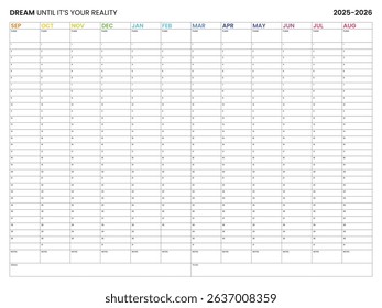 Giant 2026 Wall Calendar, September start, Annual Planner, Horizontal and Rainbow, Wall organiser, One page. Set of 12 months. Size A1, A2, A3, A4, 30 to 40 inches
