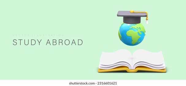 Giant 3D globe above open book. Study abroad. Best teachers of other countries. Authoritative universities and colleges. Poster for flyers, brochures, web design