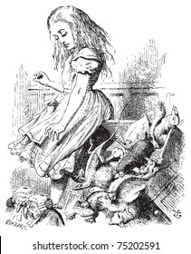 Giant Alice upsets the jury (literally) - Alice's Adventures in Wonderland original vintage engraving.  ...she jumped up in such a hurry that she tipped over the jury-box with the edge of her skirt.