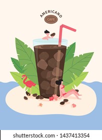 Giant Americano and mini people. Hand drawn vector illustration EPS10