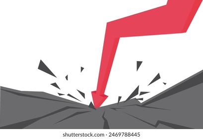 Giant arrow drop. Concept of price drop, business retail discount, stock fall or recession. Vector illustration.

