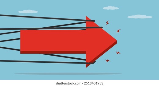 Giant arrow in ropes. Business project or stock market moving straight with full effort. Business difficulty or struggles, career ladder, overcoming obstacles to success. flat vector illustration