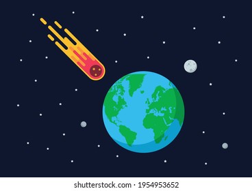 Giant asteroid is approaching the earth. Flat style vector illustration