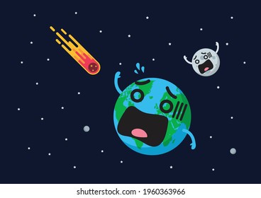 Giant asteroid is approaching to frightening earth. Flat style vector illustration