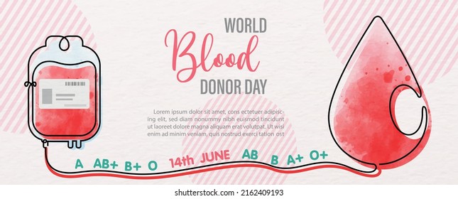 Giant blood droplet with Blood bag in one line style and the day and name of event, example texts on pink background. Poster campaign of world blood donor day in line art and watercolor style.
