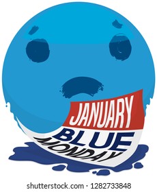 Giant blue spot with sad face in brushstroke style and loose-leaf calendar over ink to commemorate the discouragement and unhappiness in the Blue Monday.