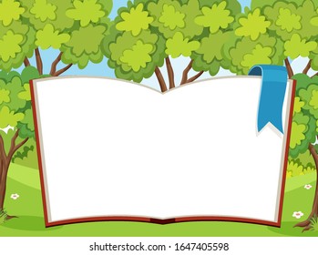 Giant book with blank pages with forest in the background illustration