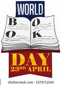 Giant book decorated with initials forming the word "book" , and a ribbon with the date to celebrate World Book Day this 23rd April.